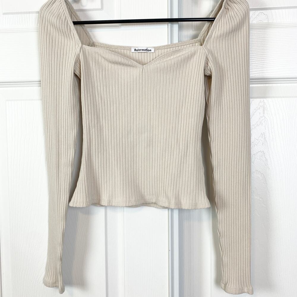 Reformation October Ribbed Knit Sweater Top Shirt Bone Small - Picture 3 of 5